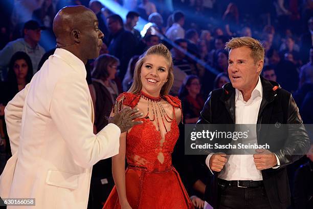 Bruce Darnell, Victoria Swarovski and Dieter Bohlen react during the finals of the tv show 'Das Supertalent' at MMC studios on December 17, 2016 in...