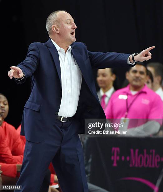 Head coach Thad Matta of the Ohio State Buckeyes reacts as his team takes on the UCLA Bruins during the CBS Sports Classic at T-Mobile Arena on...