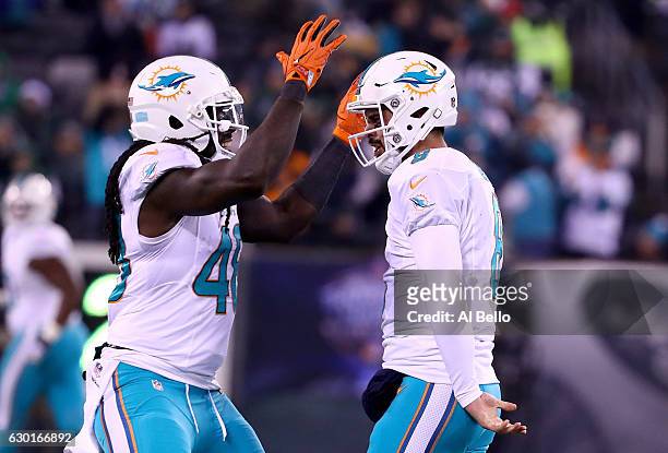 Matt Moore of the Miami Dolphins celebrates with MarQueis Gray after throwing a 52 yard touchdown pass to Kenny Stills against the New York Jets...