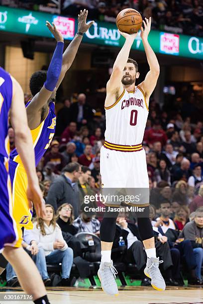 Kevin Love of the Cleveland Cavaliers shoots during the second half against the Los Angeles Lakers at Quicken Loans Arena on December 17, 2016 in...