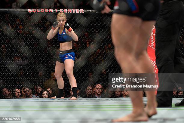 Paige VanZant and Michelle Waterson face off during the UFC Fight Night event inside the Golden 1 Center Arena on December 17, 2016 in Sacramento,...