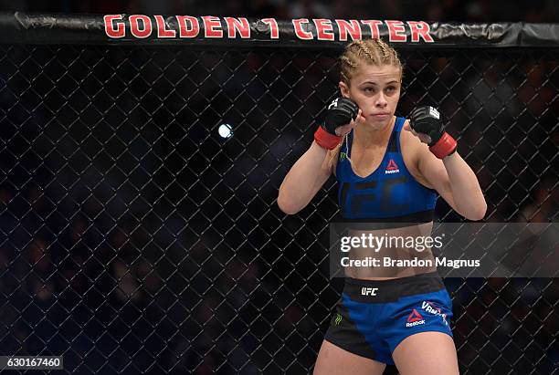 Paige VanZant stands across from Michelle Waterson during the UFC Fight Night event inside the Golden 1 Center Arena on December 17, 2016 in...