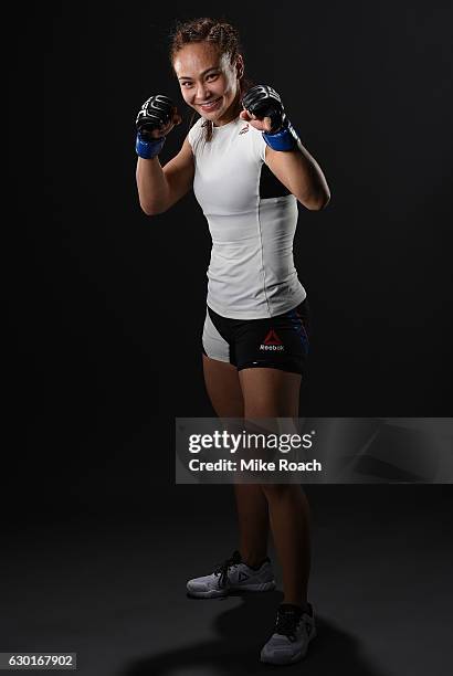 Michelle Waterson poses for a portrait backstage after her victory over Paige VanZant during the UFC Fight Night event inside the Golden 1 Center...