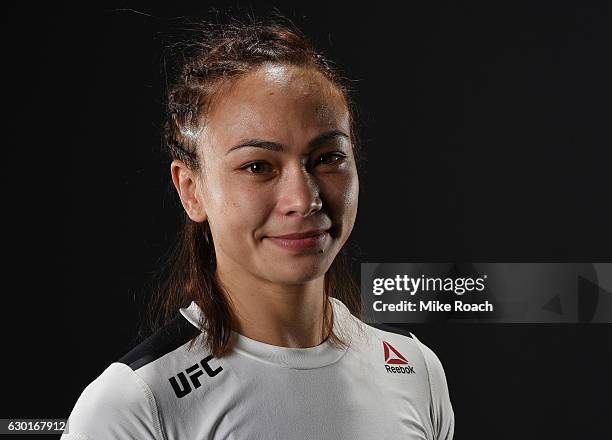 Michelle Waterson poses for a portrait backstage after her victory over Paige VanZant during the UFC Fight Night event inside the Golden 1 Center...