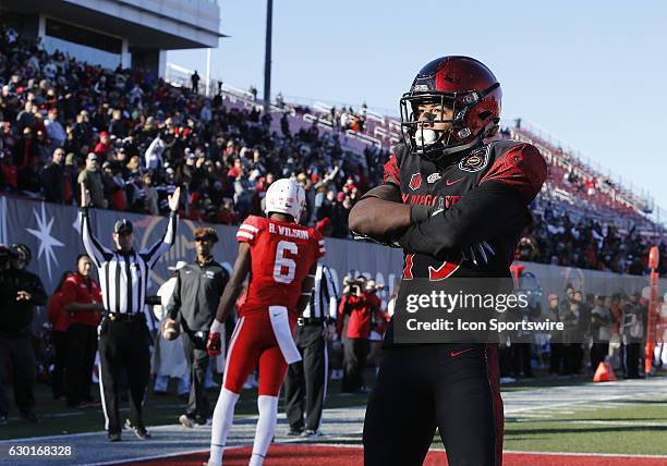 San Diego State Aztecs Donnel Pumphrey poses in the end zone after making a touchdown during a NCAA football game between the University of Houston...