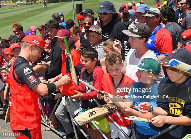 Xavier Doherty signs autographs during the Melbourne Renegades Family Day at Merv Hughes Oval on December 18, 2016 in Melbourne, Australia.