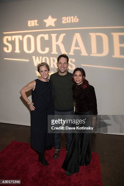 Mary Stuart Masterson, Paul Rudd and Daphne Rubin-Vega attend the Holiday Fundraiser for #StockadeWorks on December 17, 2016 in Kingston, New York.