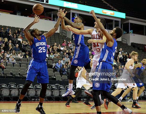 Dionte Christmas of the Delaware 87ers goes after the rebound against the Windy City Bulls on December 17, 2016 at the Sears Centre Arena in Hoffman...