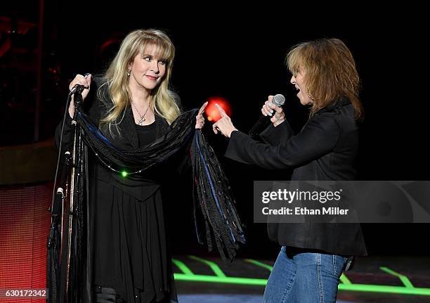 Singer/songwriter Stevie Nicks is joined onstage by recording artist Chrissie Hynde of The Pretenders during the grand opening of Park Theater at...