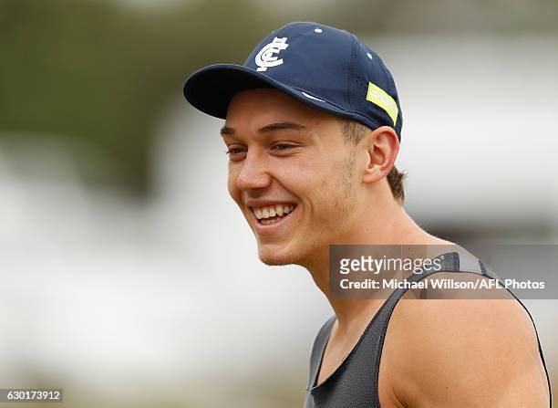 Patrick Cripps of the Blues looks on during a Carlton Blues AFL training session at Southport Sharks Oval on December 18, 2016 in Gold Coast,...