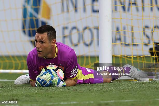 Michael Theo of Brisbane Roar saves a goal during the round 11 A-League match between the Central Coast Mariners and Brisbane Roar at Central Coast...