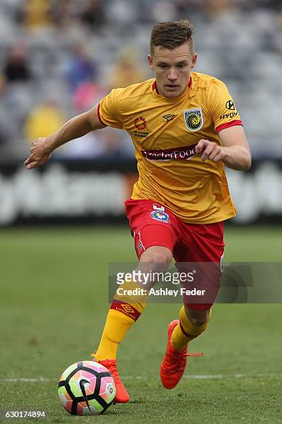 Scott Galloway of the Mariners in action during the round 11 A-League match between the Central Coast Mariners and Brisbane Roar at Central Coast...