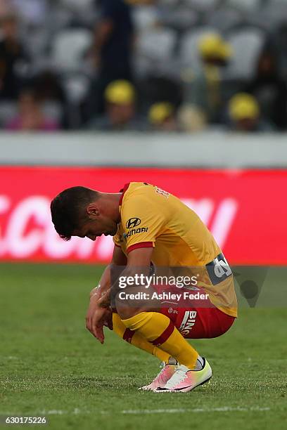 Fabio Ferreira of the Mariners looks dejected during the round 11 A-League match between the Central Coast Mariners and Brisbane Roar at Central...