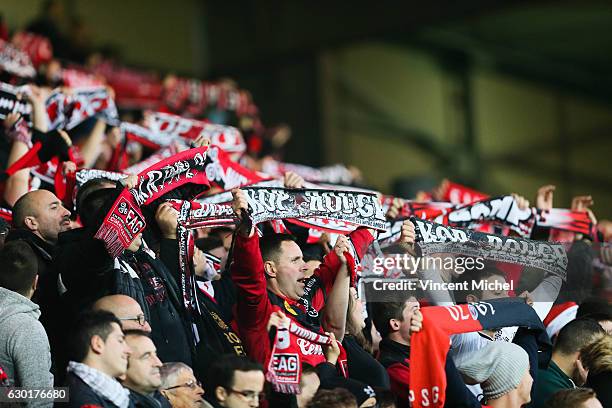 Fans of Guingamp during the French Ligue 1 match between Guingamp and Paris Saint Germain at Stade du Roudourou on December 17, 2016 in Guingamp,...