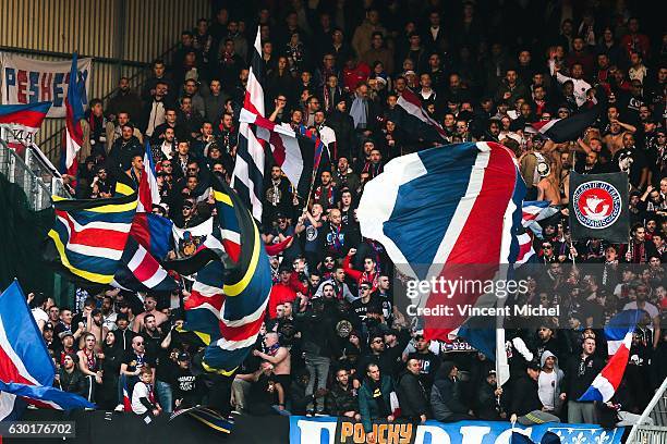 Fans of PSG during the French Ligue 1 match between Guingamp and Paris Saint Germain at Stade du Roudourou on December 17, 2016 in Guingamp, France.