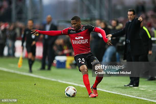 Marcus Coco of Guingamp during the French Ligue 1 match between Guingamp and Paris Saint Germain at Stade du Roudourou on December 17, 2016 in...