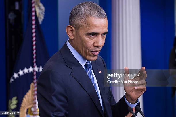President Barack Obama gave his last press briefing and answered questions from reporters, in the Brady Press Briefing Room of the White House in...