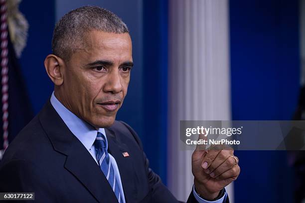 President Barack Obama gave his last press briefing and answered questions from reporters, in the Brady Press Briefing Room of the White House in...