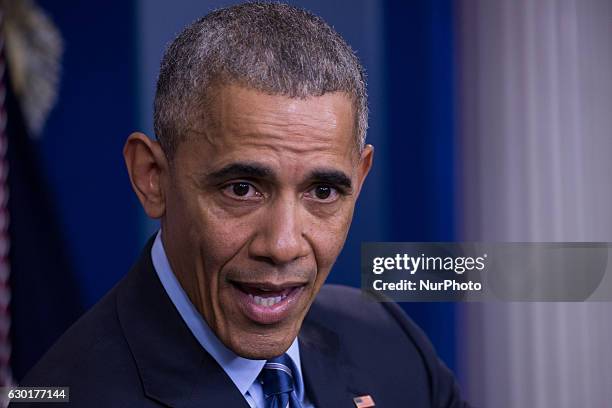 President Barack Obama gave his last press briefing and answered questions from reporters, in the Brady Press Briefing Room of the White House in...