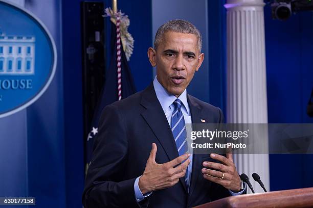 President Barack Obama gave his last press briefing and answered questions from reporters, in the Brady Press Briefing Room of the White House in...