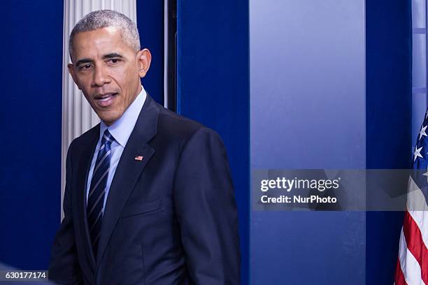 President Barack Obama gave his last press briefing and answered questions from reporters, in the Brady Press Briefing Room of the White House in...