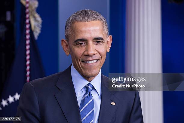 President Barack Obama gave his last press briefing and answered questions from reporters, in the Brady Press Briefing Room of the White House in...