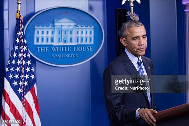 President Barack Obama answers questions during a news conference in the Brady Press Breifing Room at the White House December 16, 2016 in...