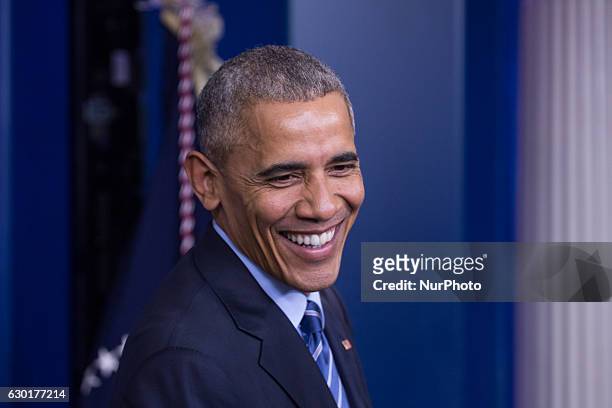 President Barack Obama answers questions during a news conference in the Brady Press Breifing Room at the White House December 16, 2016 in...