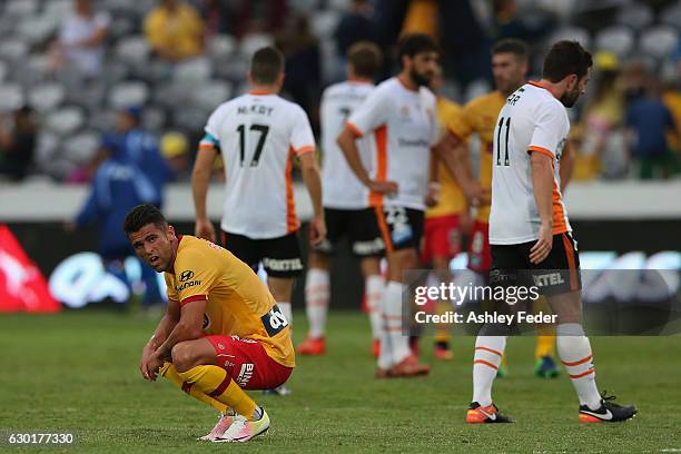 Fabio Ferreira of the Mariners looks dejected during the round 11 A-League match between the Central Coast Mariners and Brisbane Roar at Central...