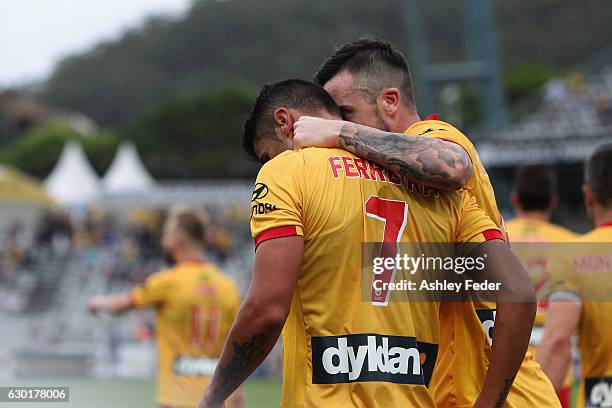 Roy O'Donovan of the Mariners celebrates his goal with Fabio Ferreira during the round 11 A-League match between the Central Coast Mariners and...