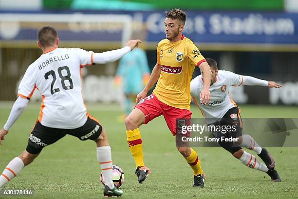 Liam Rose of the Mariners controls the ball during the round 11 A-League match between the Central Coast Mariners and Brisbane Roar at Central Coast...