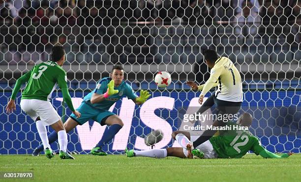 Michael Arroyo of Club America scores the first goal during the FIFA Club World Cup 3rd place match between Club America and Atletico National at...