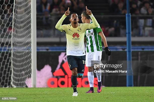 Michael Arroyo of Club America celebrates the first goal during the FIFA Club World Cup 3rd place match between Club America and Atletico National at...