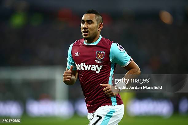 Dimitri Payet of West Ham during the Premier League match between West Ham United and Hull City at London Stadium on December 17, 2016 in Stratford,...