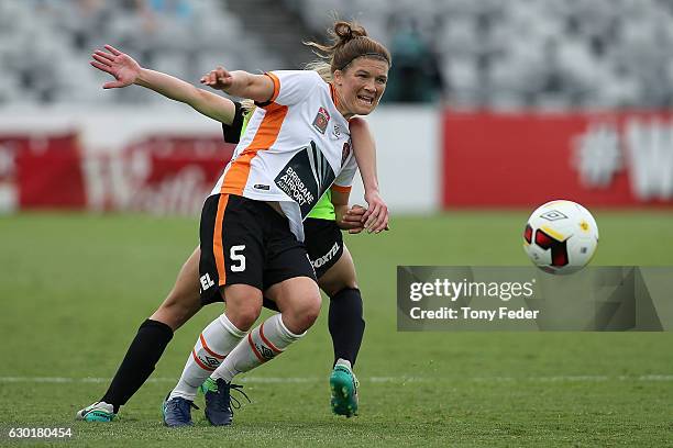 Brooke Spence of the Roar contests the ball during the round seven W-League match between Canberra and Brisbane at Central Coast Stadium on December...