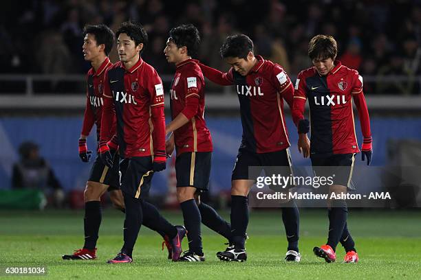 Gaku Shibasaki of Kashima Antlers celebrates scoring his team's first goal to make the score 1-1 during the FIFA Club World Cup final match between...