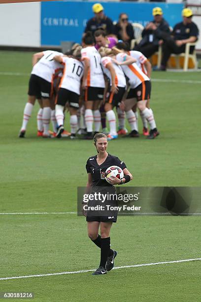 The referee waits for the start of the match during the round seven W-League match between Canberra and Brisbane at Central Coast Stadium on December...