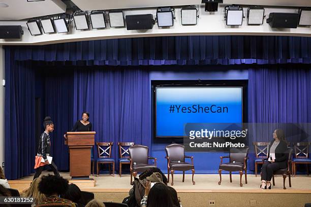 In the South Court Auditorium of the Eisenhower Executive Office Building of the White House in Washington DC, on 16 December 2016, Kalisha...