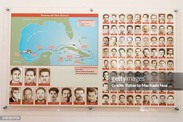 Portraits of former Cuban Revolution fighters and the map of Granma yacht route. Granma is the yacht that was used to transport 82 fighters from...