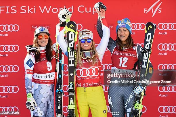 Tina Weirather of Liechtenstein takes 2nd place, Lara Gut of Switzerland takes 1st place, Elena Curtoni of Italy takes 3rd place during the Audi FIS...
