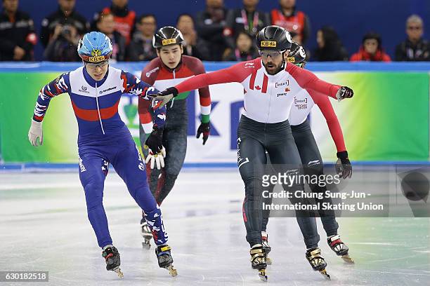 Charles Hamelin of Canada celebrates after winning the Men 1000m Finals during the ISU World Cup Short Track 2016 on December 18, 2016 in Gangneung,...