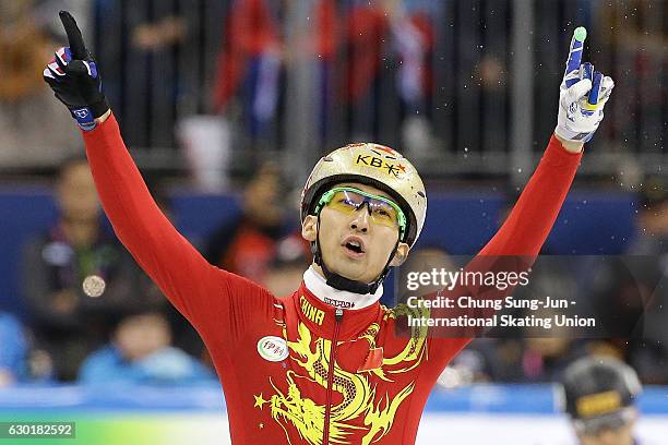 Dajing Wu of China celebrates after winning the Men 500m Finals during the ISU World Cup Short Track 2016 on December 18, 2016 in Gangneung, South...