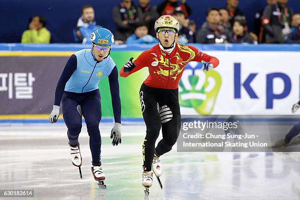 Dajing Wu of China celebrates after winning the Men 500m Finals during the ISU World Cup Short Track 2016 on December 18, 2016 in Gangneung, South...