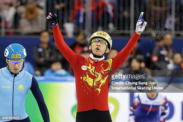 Dajing Wu of China celebrates after winning the Men 500m Finals during the ISU World Cup Short Track 2016 on December 18, 2016 in Gangneung, South...