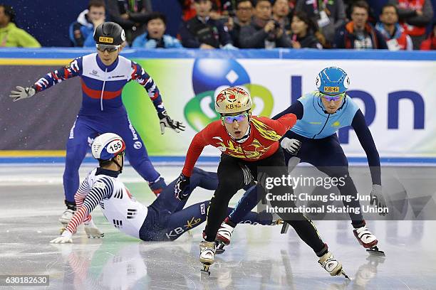 Dajing Wu of China compete in the Men 500m Finals during the ISU World Cup Short Track 2016 on December 18, 2016 in Gangneung, South Korea.