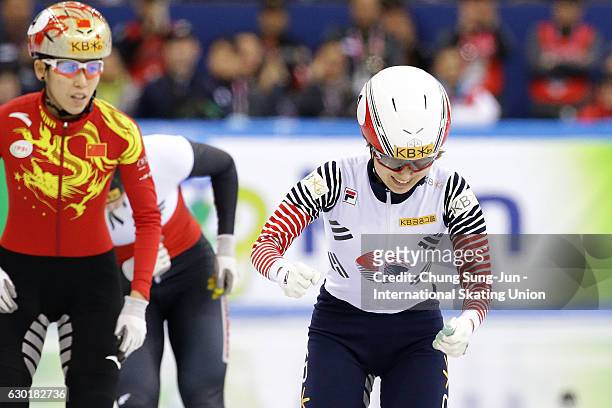 Choi Min-Jeong of South Korea celebrates after winning the Ladies 500m Finals during the ISU World Cup Short Track 2016 on December 18, 2016 in...