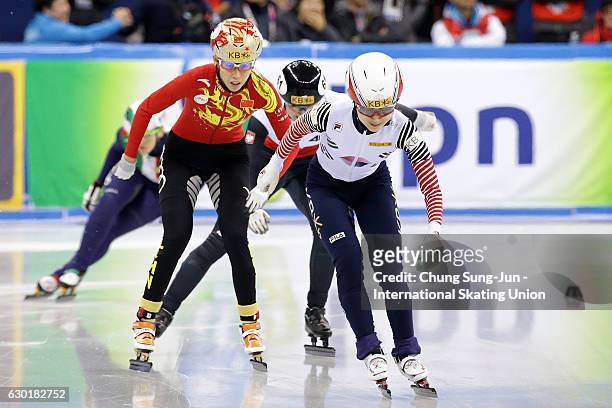 Choi Min-Jeong of South Korea celebrates after winning the Ladies 500m Finals during the ISU World Cup Short Track 2016 on December 18, 2016 in...