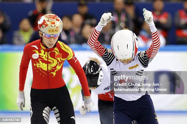 Choi Min-Jeong of South Korea celebrates after winning the Ladies 500m Finals during the ISU World Cup Short Track 2016 on December 18, 2016 in...