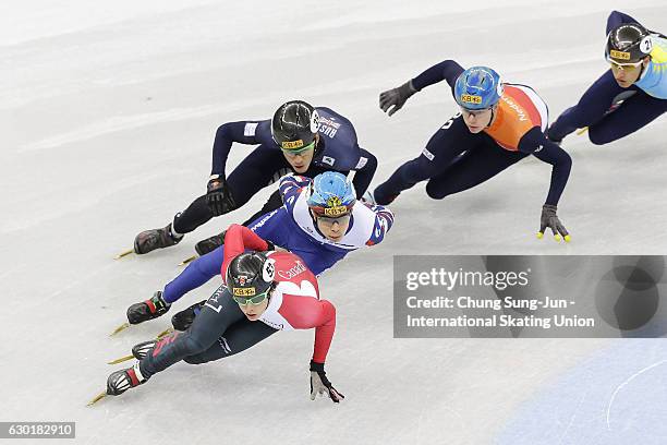 Charle Cournoyer of Canada, Semen Elistratov of Russia compete in the Men 1000m Qarterfinals during the ISU World Cup Short Track 2016 on December...