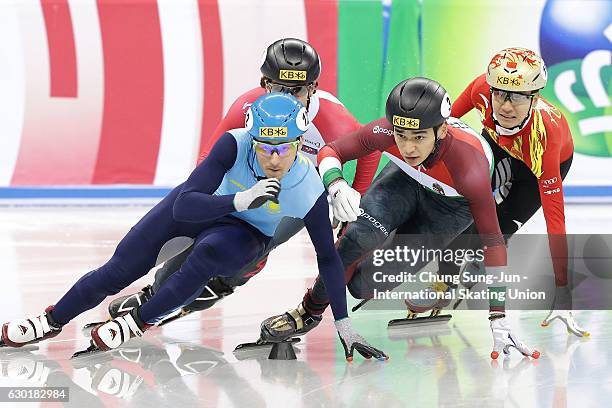 Sandor Liu Shaolin of Hungary and Denis Nikisha of Kazakhstan compete in the Men 500m semifinals during the ISU World Cup Short Track 2016 on...